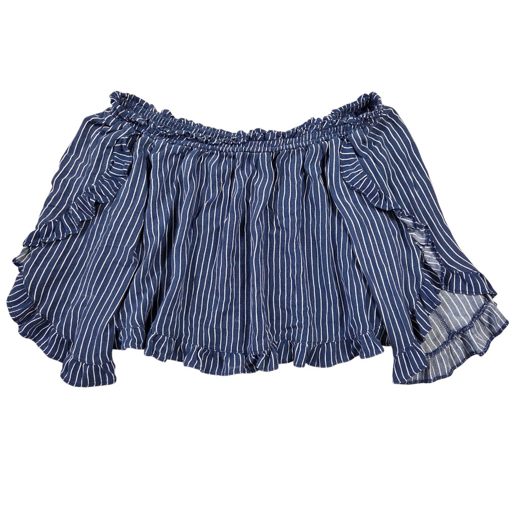 American Eagle Blue White Striped Off Shoulder Ruffle Crop Top Small Boho